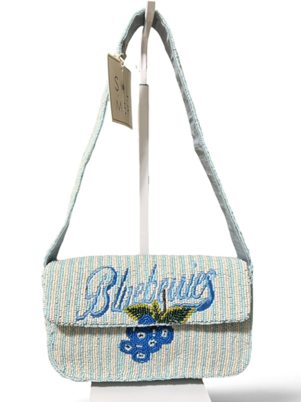NWT Beaded Shoulder Bag Purse Blueberries with White and Blue Stripes by Sol and